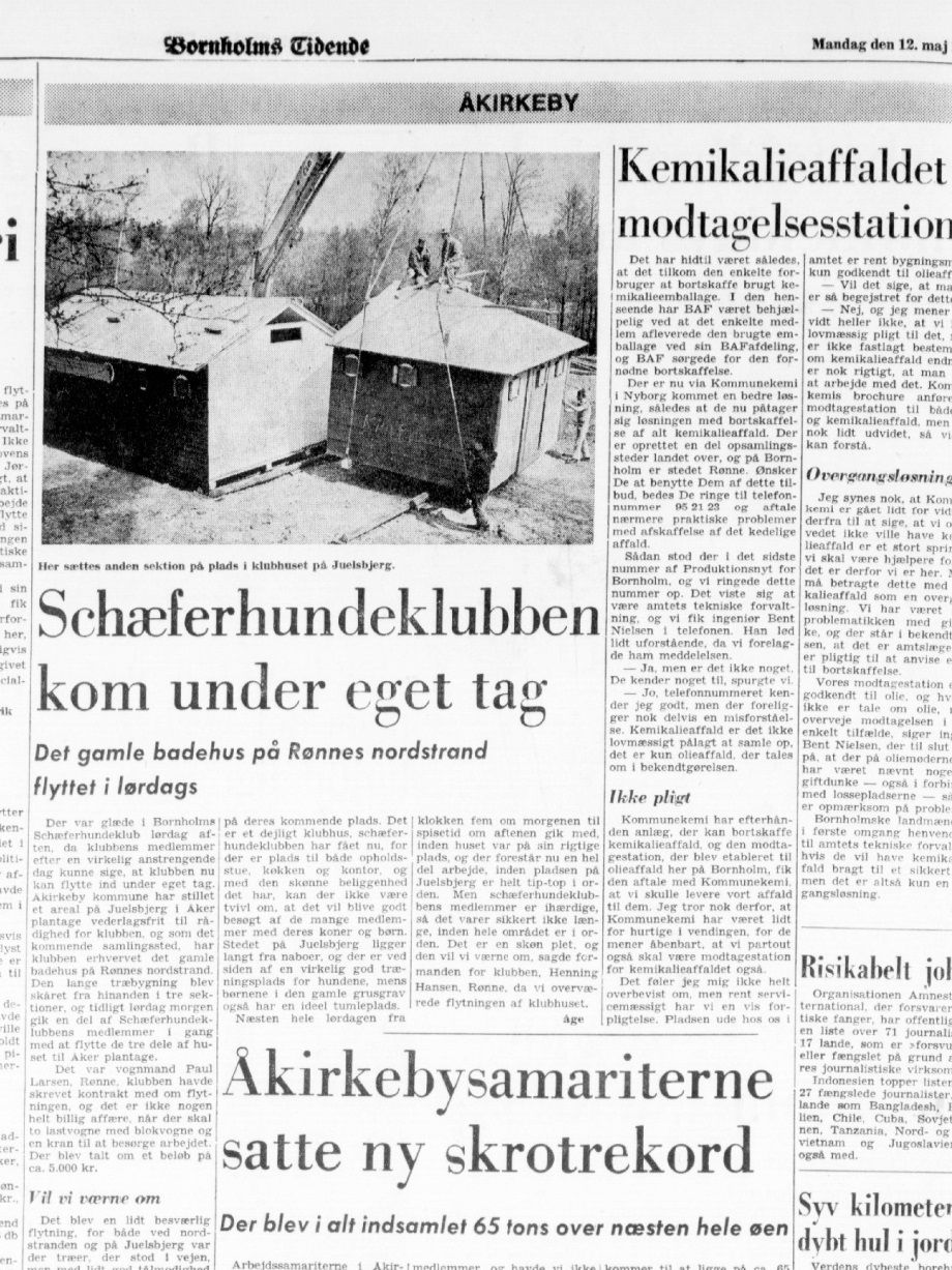 Maj 1975 klubhuset køres til Juelsbjerg.
Artikel i Bornholms Tidende 12. maj 1975