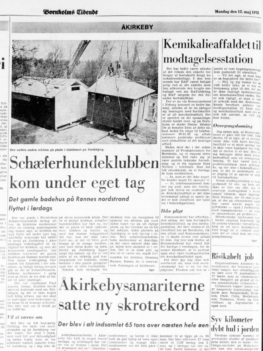 Maj 1975 klubhuset køres til Juelsbjerg.
Artikel i Bornholms Tidende 12. maj 1975